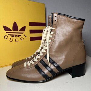 NIB Gucci x Adidas Brown Leather Trefoil Lace-Up Boots - MSRP $1790